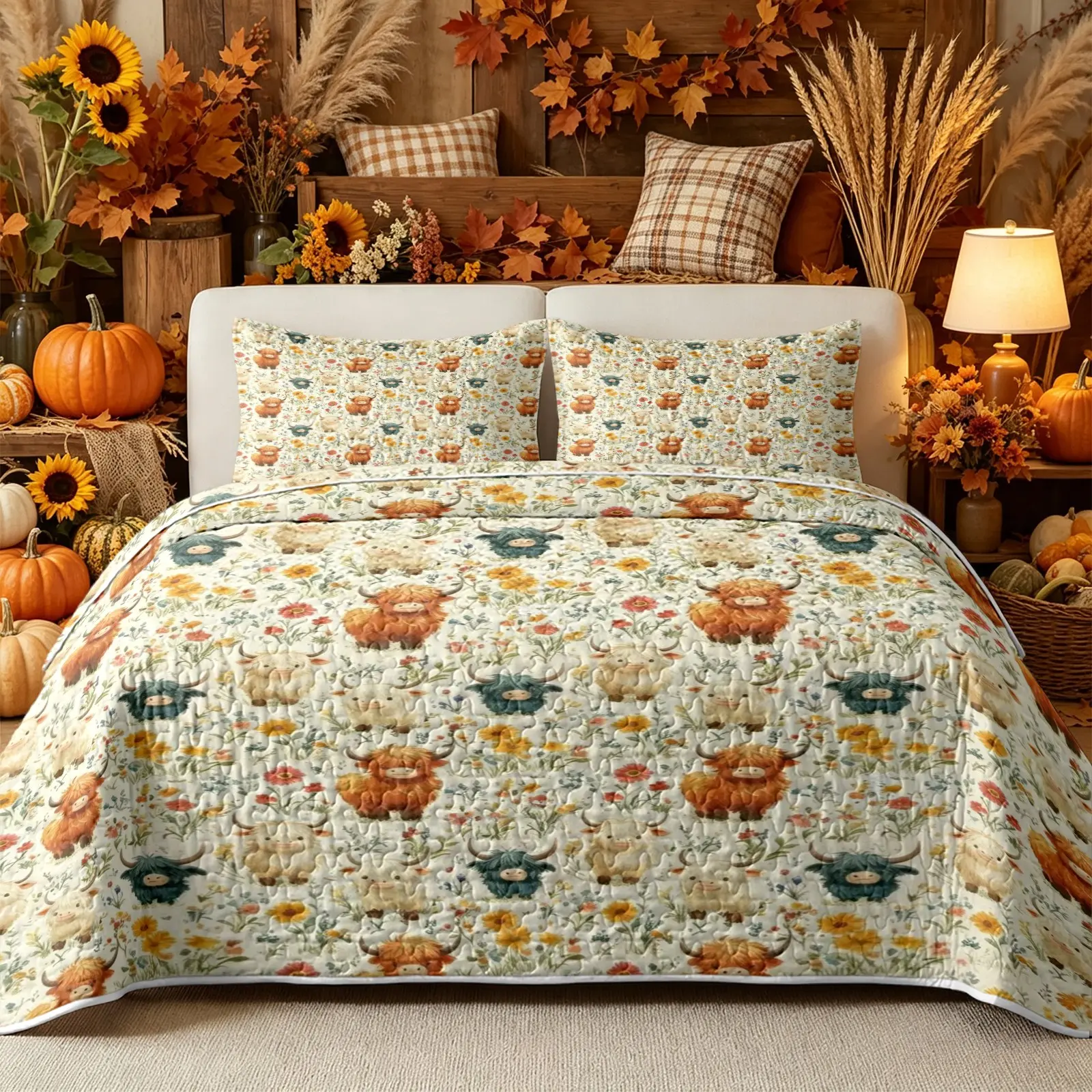 3-Piece Watercolor-Style Highland Cow and Wildflowers Quilt Set, Printed Bedding Set, Double-Sided Breathable Bedspread, Full-Print Cow Design, Includes 1 Quilt + 2 Pillowcases, Versatile for All Seasons, Rustic-Style Bedding for Bedrooms