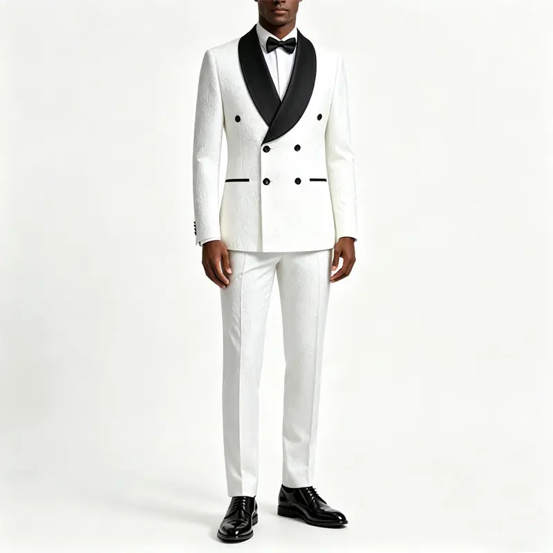 Men's White Floral Jacquard Suit, 2-Piece Double Breasted Fitted Tuxedo with Black Satin Lapel, Woven Evening Wear for Wedding Groom & Prom, Print