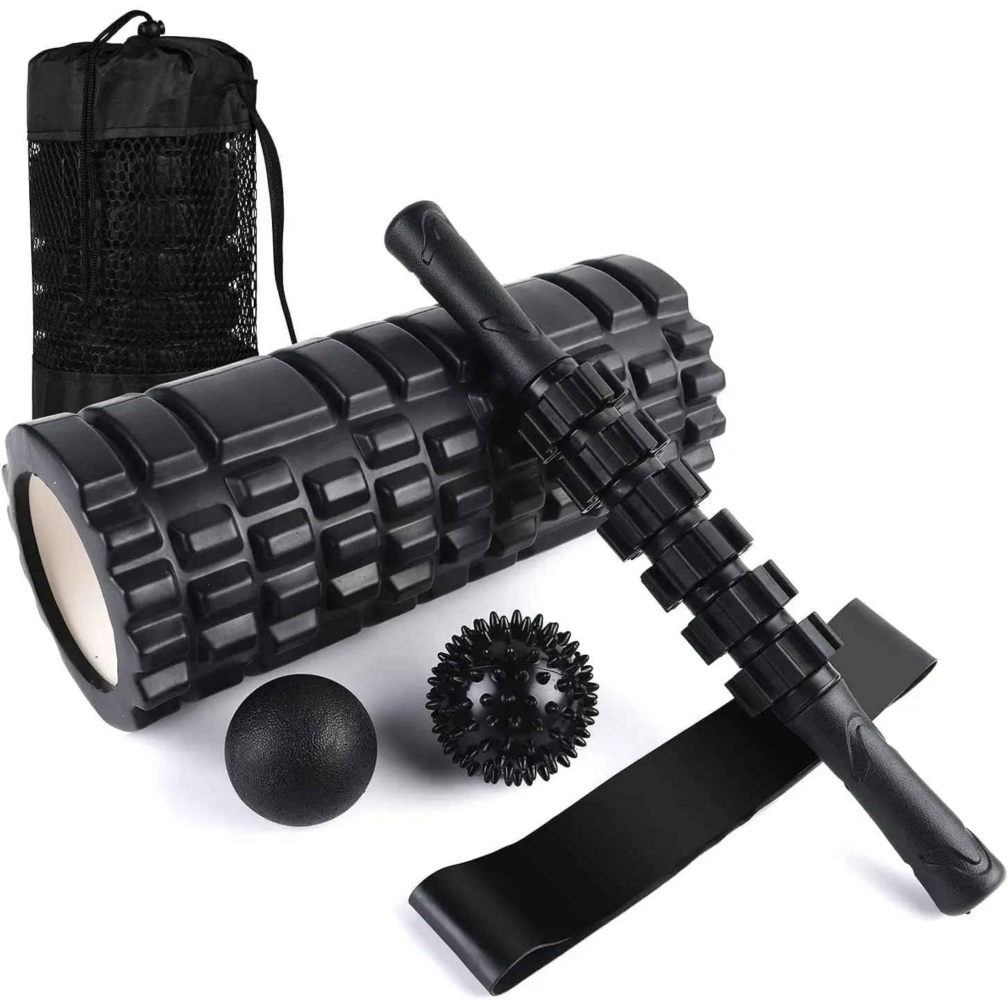 Unisex 6-in-1 Compact Foam Roller Set - Trigger Point Foam Roller, Yoga Stick, Massage Ball, Fixation Ball, Fitness Stretching Strap, Carrying Bag, Towel for Deep Massage, Muscle Relief & Yoga/Pilates Balance Training