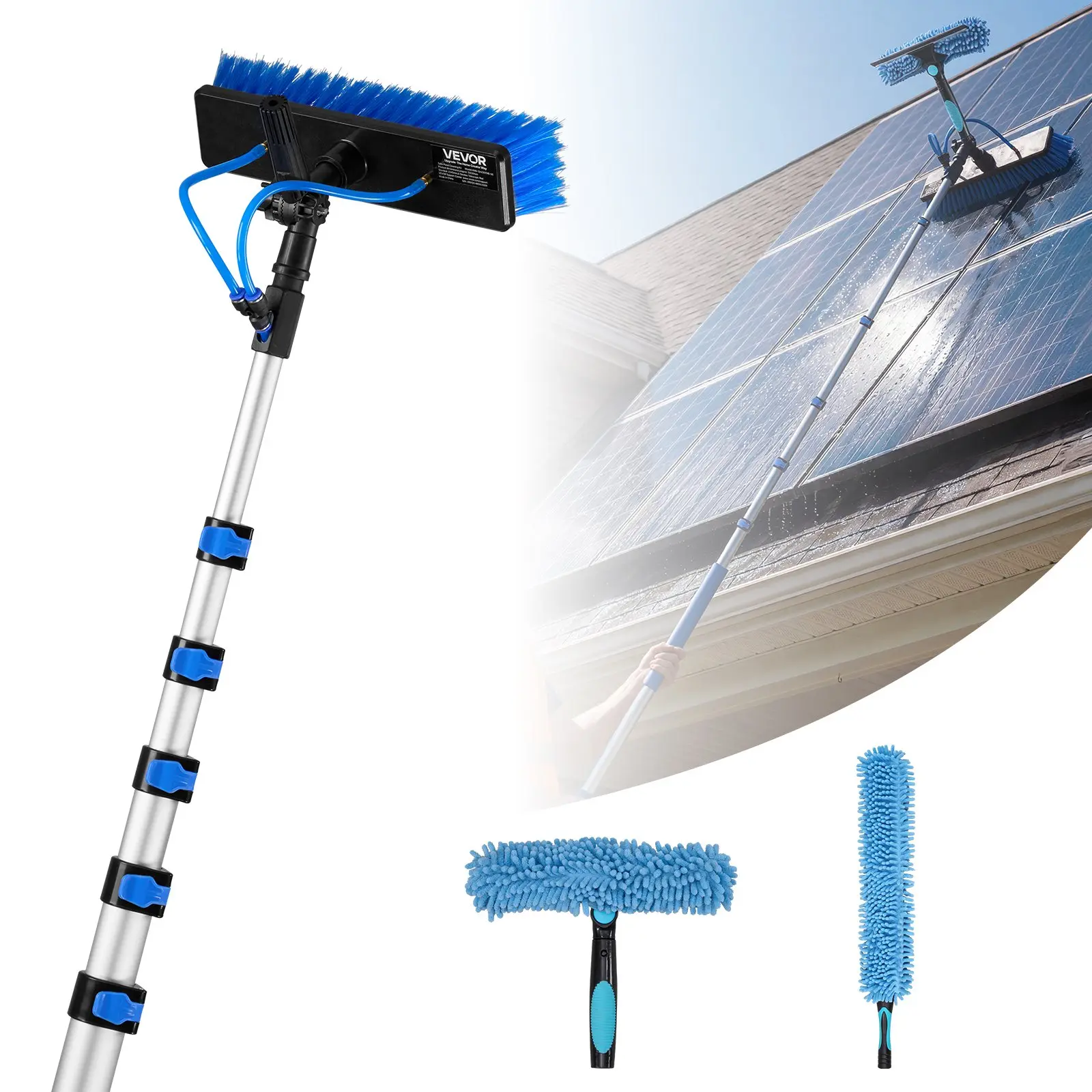 VEVOR Solar Panel Cleaning Kit, 33 ft Extendable Aluminum Telescopic Pole Setup, 180-Rotatable Head, Cleaning Brush, Soap Dispenser for Cleaning Solar Panels, Windows
