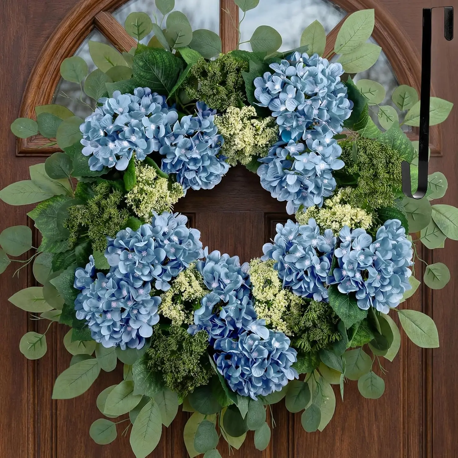 Hydrangea Wreaths for Front Door: 26 Inch Summer Spring Wreath Decorations for Home Outdoor Indoor - Dusty Blue Flower Wreath with Hanger for Outside All Season Wall Window Decor