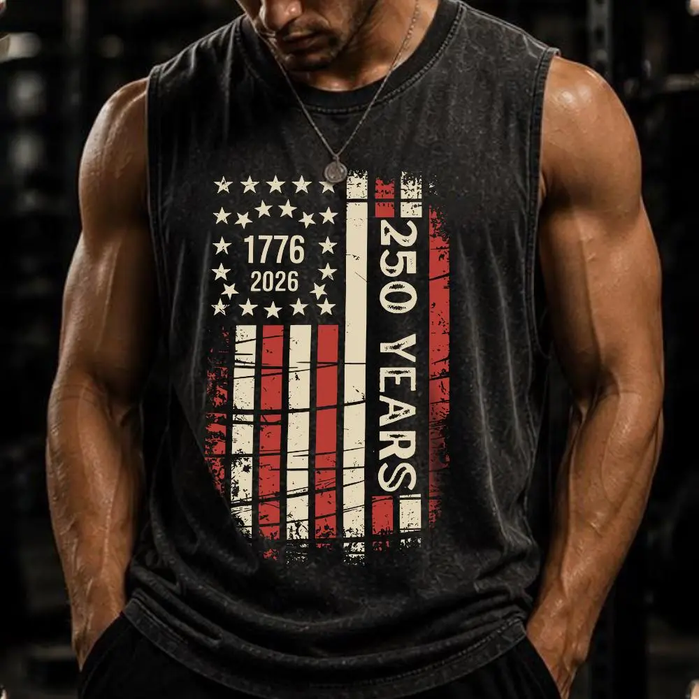 American Retro-Style U.S. Flag Men'sSleeveless Tank Top, U.S. Flag PrintSleeveless Tank Top, U.S. 250 yearsSleeveless Tank Top, July 4thIndependence Day Sleeveless TankTop, Unisex U.S. Flag Retro WashedCotton Sleeveless Tank Top