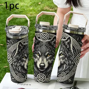 1pc 30oz 304 Stainless Steel Vacuum Insulated Travel Stylish Tumbler Drinkware, Vintage Celtic Wolf Pattern, with Handle Straw Leakproof Lid, Keeps Drinks Hot Cold, for Outdoor Camping Hiking Birthday Gift