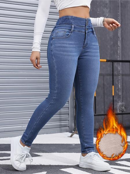 Women's Fleece-Lined Jeans, High Stretch Thick Denim For Winter, Slimming And Comfortable