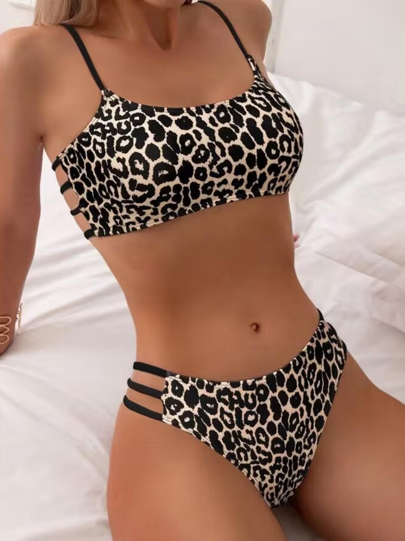 Women's Leopard Print Bikini Set, Casual Fashion Chic Swimsuit Set for Beach Holiday Vacation, Ladies Swimwear for All Seasons, Swimsuit Style Bikini