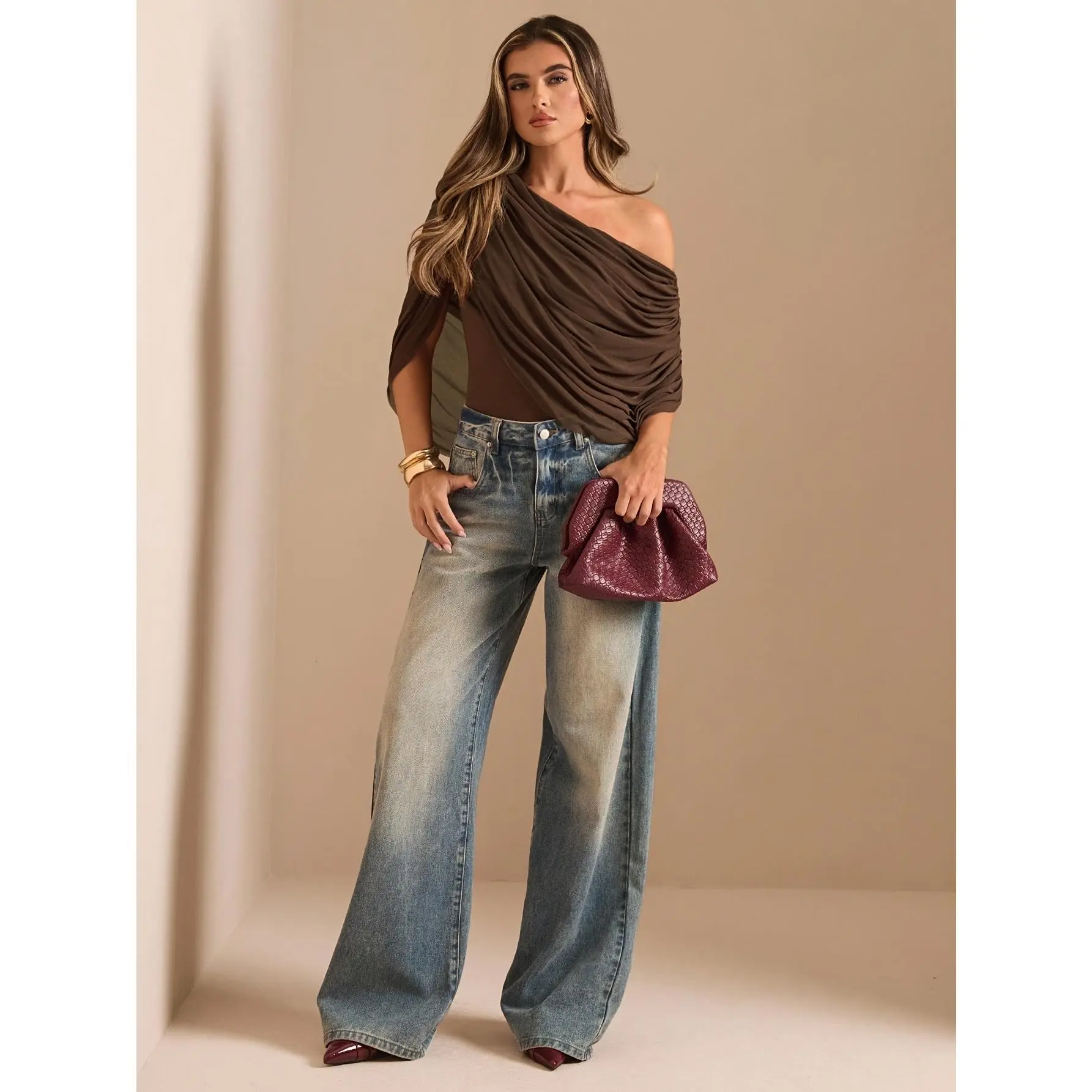 One-Shoulder Asymmetrical Neckline Ruched Bib Neckline Jumpsuit with Spliced Shawl Design, Niche and High-End Slim-Fit Jumpsuit Top YTD