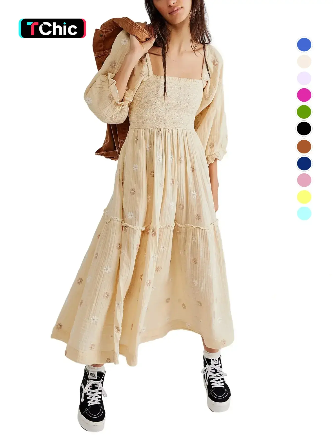 Women Bohemian Boho Floral Embroidery Aesthetic Dress Lantern Sleeve Square Neck Flower Embroidered Maxi Dress Flowy High Waist Loose Long Dress Casual Wear Summer Boho Flowy Attire