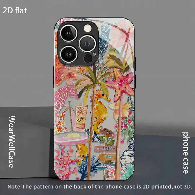 Tropical Seascape Smartphone Case - Starfish, Seahorse, Palm Trees Design, Black Tempered Glass, Shockproof Protective Cover for iPhone 17 Air, 16, 15 Pro Max, 14 Plus, 13, 12, 11 Series, Minimalist Premium Unisex Mobile Phone Accessories for iOS Devices,
