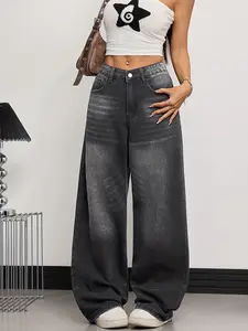 New Street Style Distressed Denim Jeans, Women's Loose Fit Slimming Wide Leg Pants, Comfortable Long Pants for All Seasons