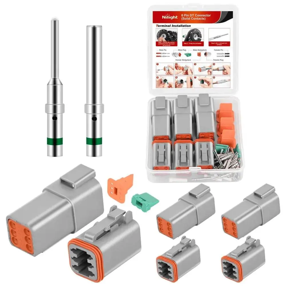 Nilight 6-PIN DT Connector Kit Pack (3 Sets), Size 16 Solid Contacts, IP67 Rated Waterproof Male-Female Terminals, PA66 Nylon, for 14-20 AWG DT Series Connectors, Outdoor Safe for DIY Users