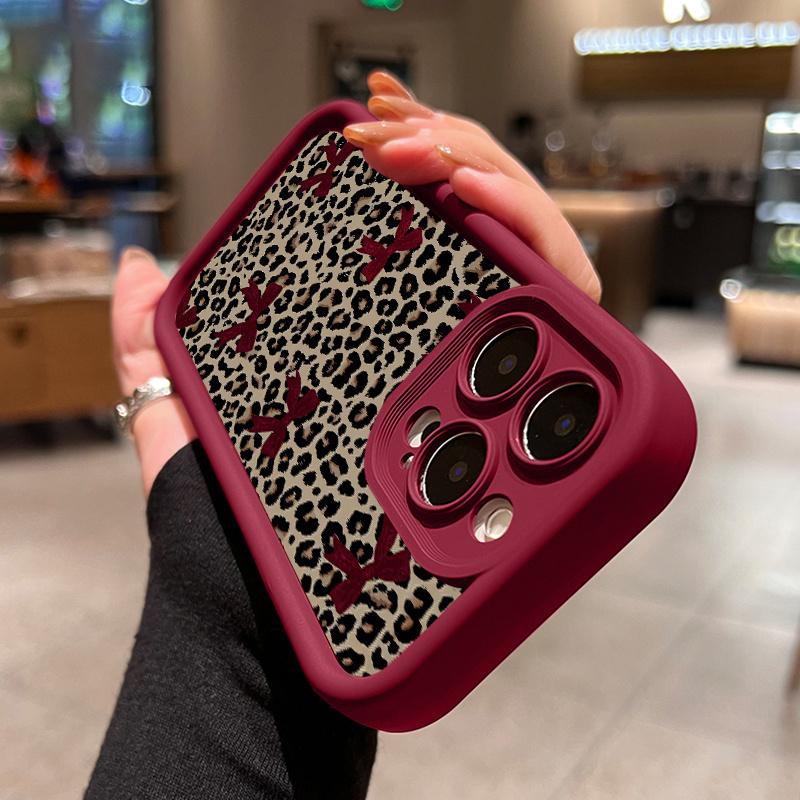 [Red Bow Phone Case] Leopard Print Red Bow  Anti-Drop Soft Case, Minimalist High-End Air Cushion Suitable for iPhone 17 E Air Pro ProMax iPhone16 15 14 Plus 13 12 Mini 11 X XS XR,  Couple'S  New Style, Anti-Drop, Matte, Unisex, Full Coverage, Soft Case