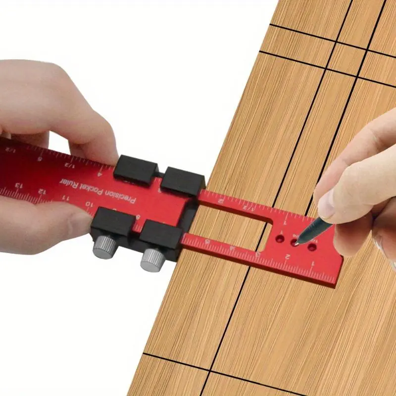Precision Woodworking T-Ruler - Ergonomic Aluminum Pocket Square Measuring Tool with Metric/Inch Measurements and Slide Stops