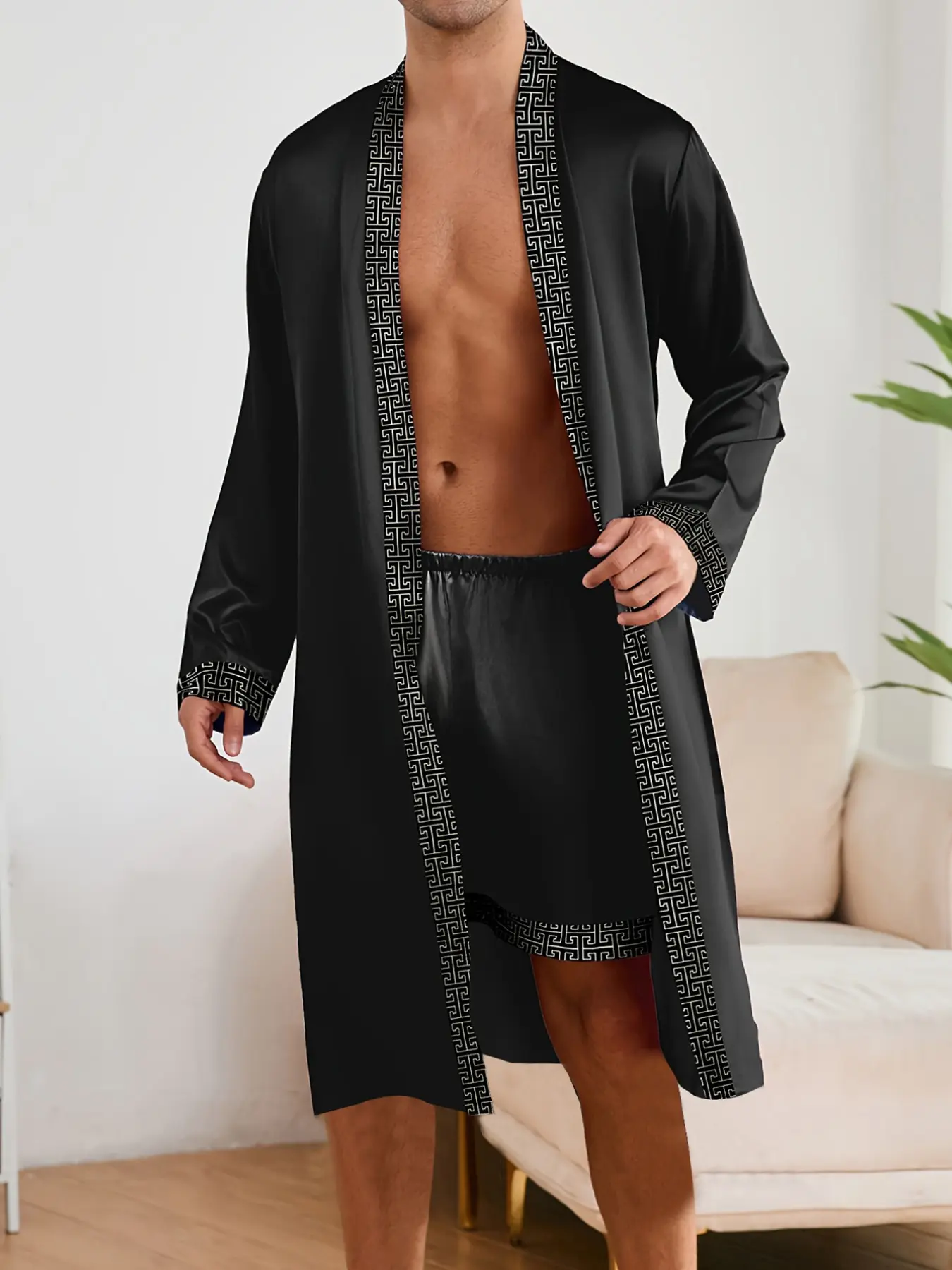 Men's Comfortable Long Sleeve Sleepwear Set, Tie Design Bathrobe, Ideal for Casual Wear and Home Relaxation, Men's Lounge