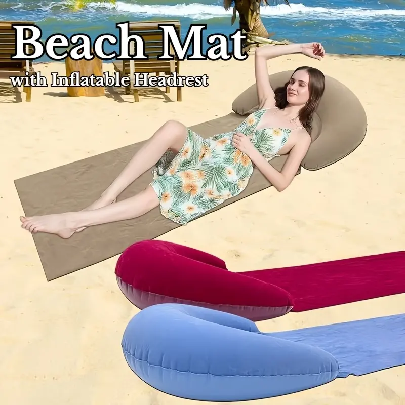 Flocked Inflatable Air Lounger, Foldable Beach Mat with Head Support, Portable Comfort Outdoor Cushion for Picnic Camping Hiking Office Rest & Balcony Sun Bath