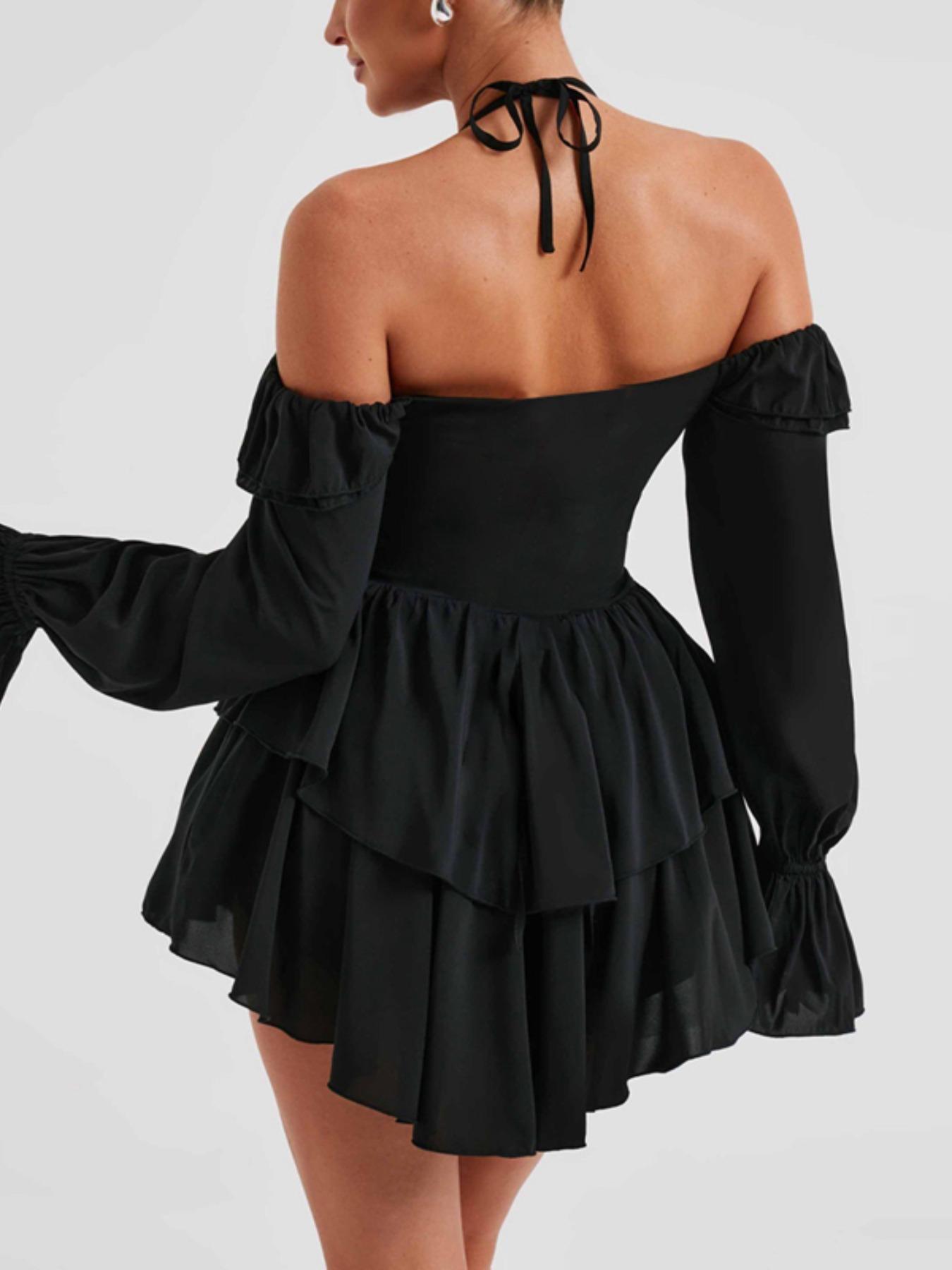 Women's Vintage Fitted Off-Shoulder Long-Sleeve Ruffle Halter Neck Overalls - Casual Summer Clothes