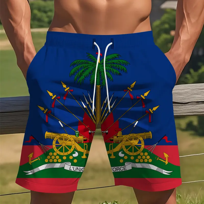 Haiti Flag Men's Beach Shorts, Bathing Shorts, Swimwear Shorts, Swimsuit Shorts, Haitian Pride Quick-Dry Summer Swim Trunks, Ayiti Patriotic Pants for Independence Day