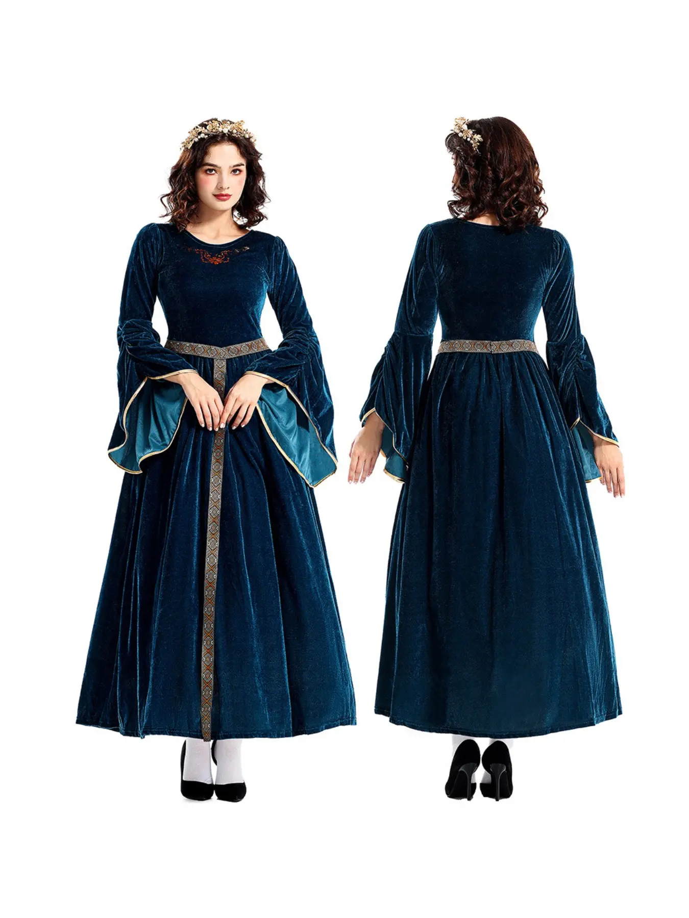 Medieval European Retro Flare Sleeve Court Gown Luxury Ball Dress Cosplay Outfit Halloween Party Costume With Decorative Headpiece for Masquerade Carnival