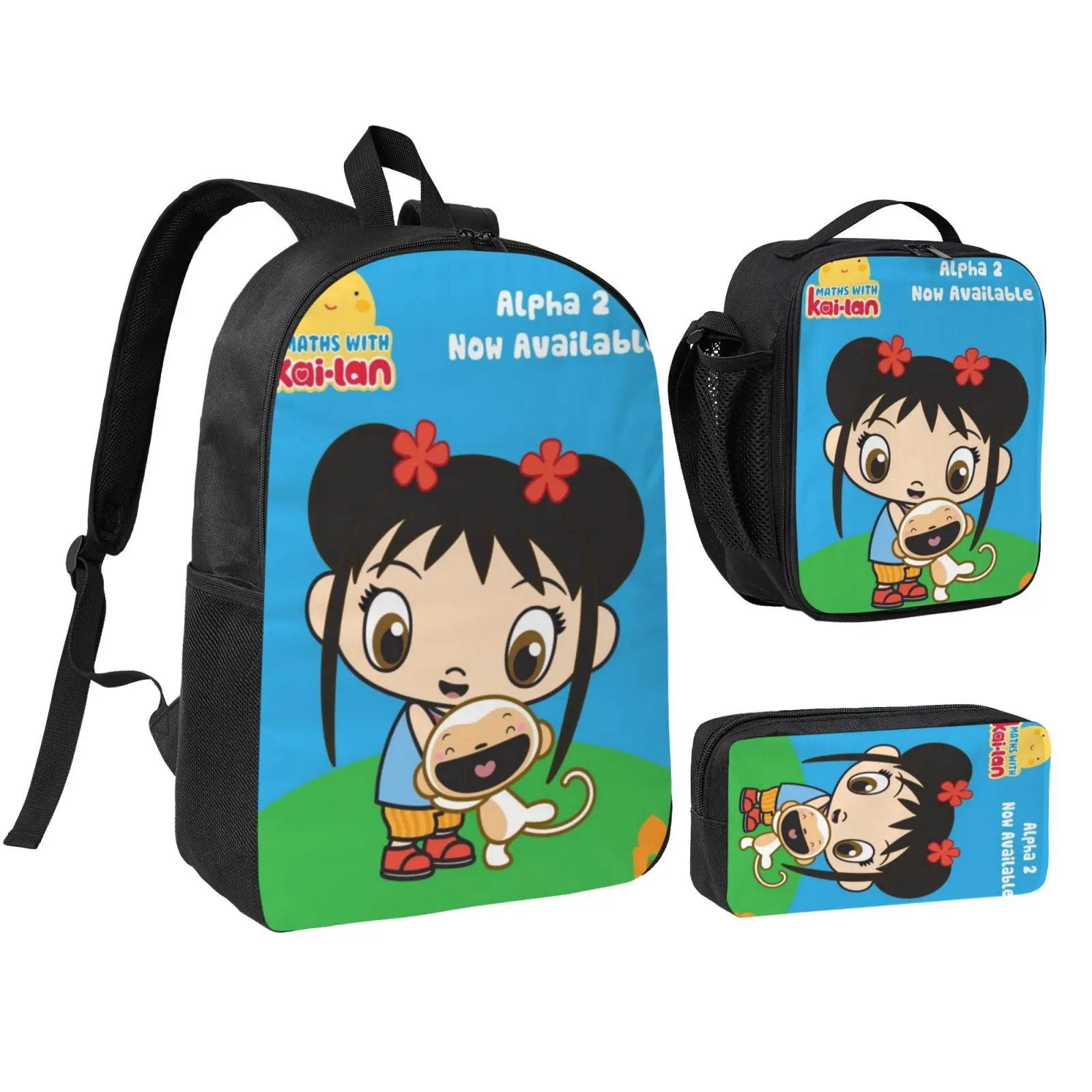 Anime Ni Hao Kai Lan3 3Pcs School Backpack Set for Teens Boys Girls, Adjustable Strap Kids Bookbag with Insulated Lunch Bag & Pencil Case, Lightweight Travel Office Daypack