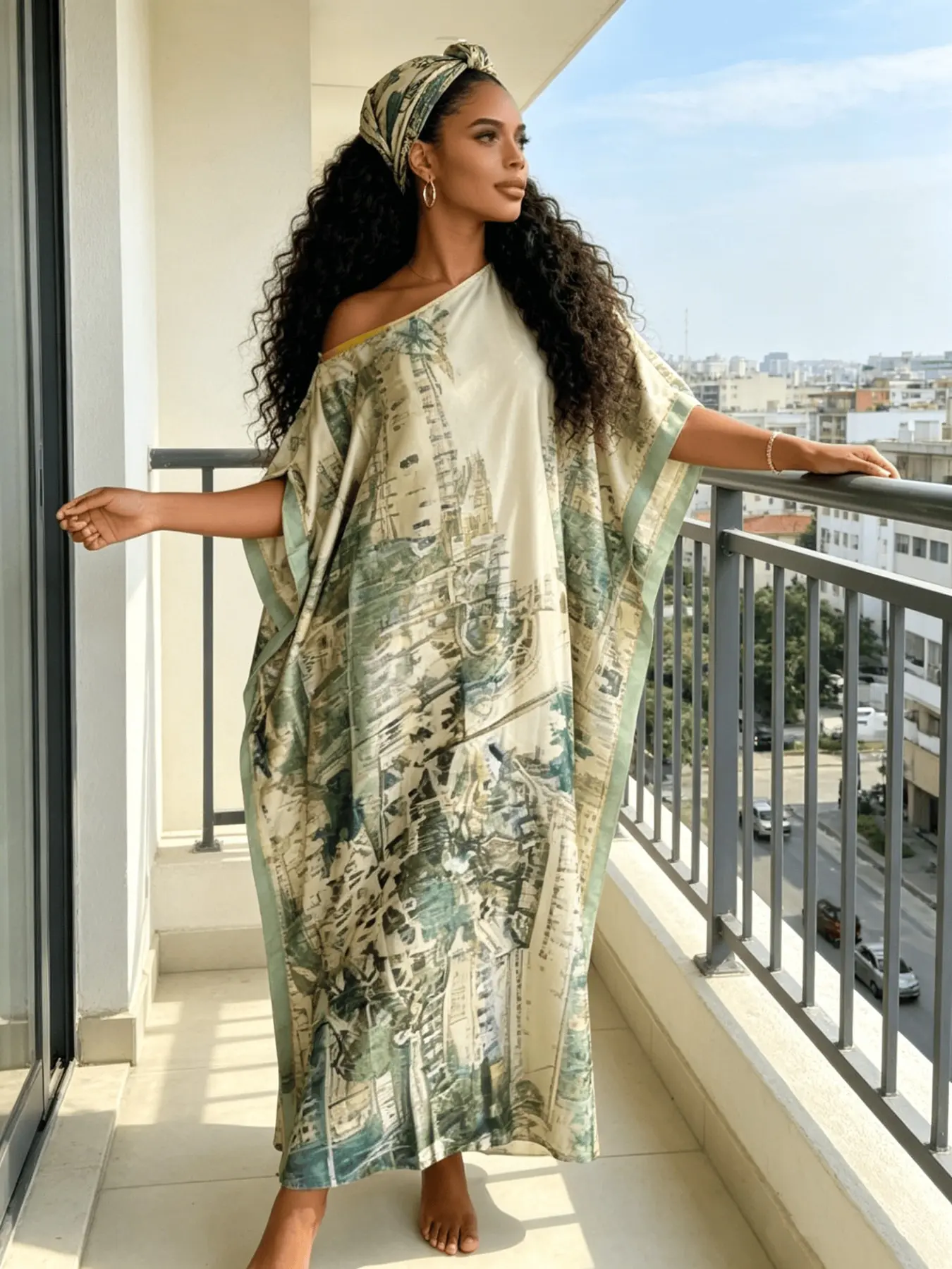 Vintage City Building Map Print Satin Off Shoulder Kaftan Maxi Dress With Matching Head Scarf, Silky Soft Loungewear Nightgown Pajama Dress, Oversized Batwing Resort Beach Cover Up, Fits Plus Size Curvy Figures