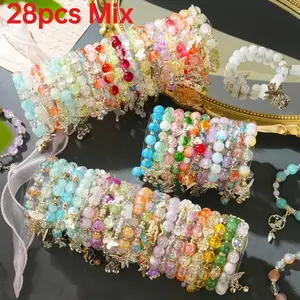 28pcs Mix Stackable Boho Bracelets Set - Mix A Set Multicolor Glass Beads, Butterfly/Heart/Star/Key Charms Metal Chains Fashion Jewelry for Women Girls Party Daily Gift,summerwins