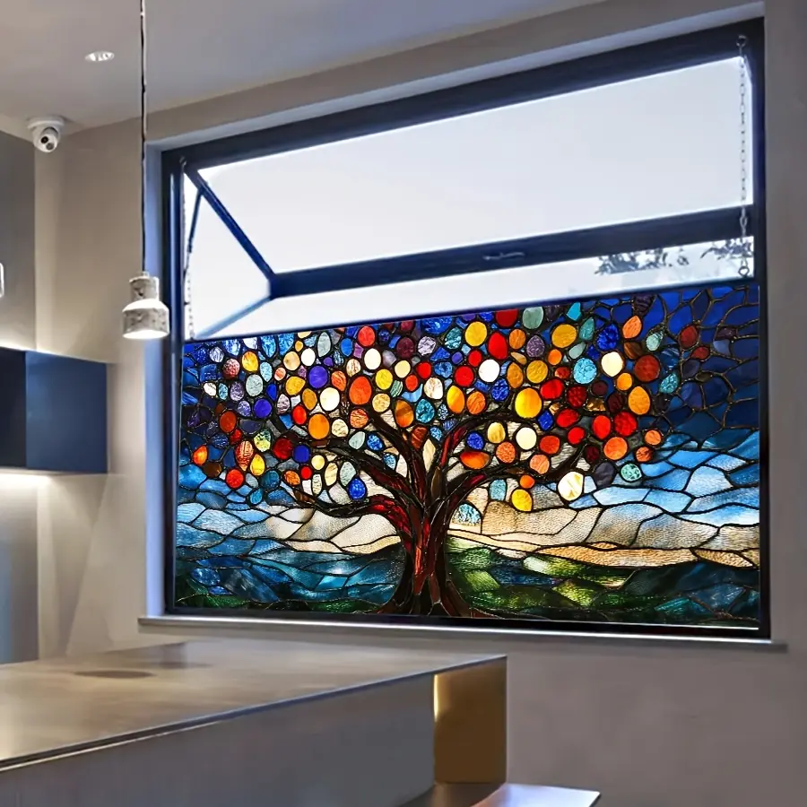 2D Faux Stained Glass Tree of Life Window Cling Electrostatic Adsorption Glass Film Privacy Protection Light Transmitting Decorative Film Removable No Residue Durable Double-Sided Visible