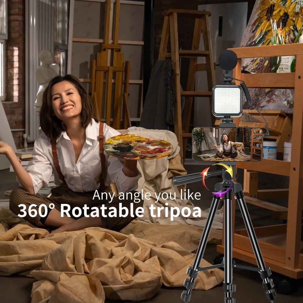 Smartphone Video Kit, Vlogging Kit with Microphone Light Tripod, 50 Inch Extendable Phone Clip Remote Control Compatible with iPhone/Smartphone/Cameras