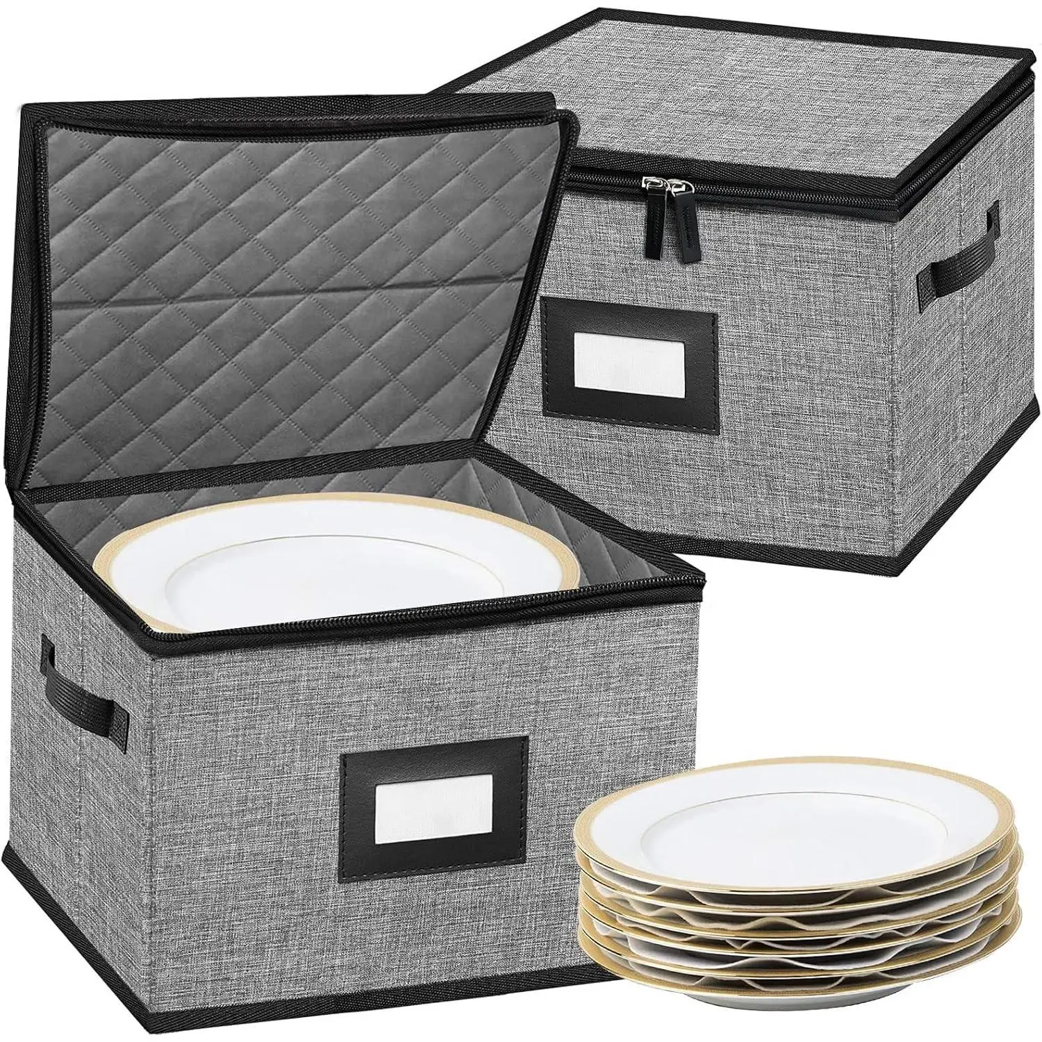 Quilted China Dinnerware Storage Containers with Hard Shell Lid, 2 Pack 12x12x8 in Stackable Plate Storage with 24 Felt Dividers for Moving TransportGift
