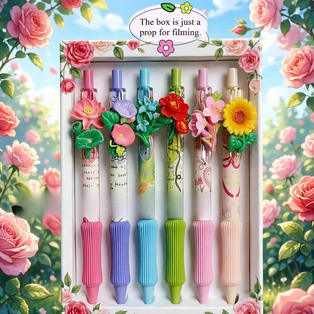 6-Piece Flower Story Stress-Relief Retractable Practice Pen, High Aesthetic Appeal, Fun Gel Pen, Ultra-Soft Pen for Writing Comfort