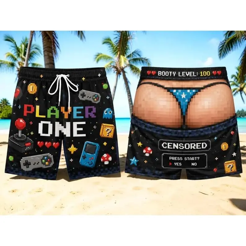 Personalized Gamer Beach Shorts, Funny Pixel Novelty Swim Trunks for Men, Gaming Gag Gift for Him, Summer Beach Vacation Outfit Fun Pool Day,Camping Trip Wear # FunnySwimShorts # CampingBeachShorts # CampingGiftForMen