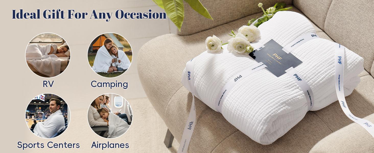 PHF 100% Cotton Muslin Blanket Queen Size 90"x90", 4-Layer Lightweight Gauze Throw, Breathable Cloud-Soft Minimalist Blanket for Bed, Couch, Camping & Baby, Grey, Gift
