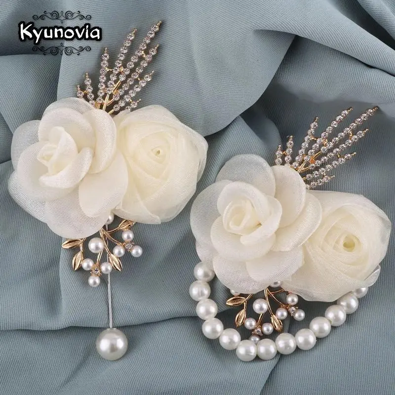 Elegant Ivory Crystal Rose Boutonniere & Corsage Set - Crystals Brooch Corsage Accessory for Bridal Wrist, Lapel, Wedding Essential, Prom, Floral, Set Pair, Lapel Wear, Two Pieces, Crystal Accents