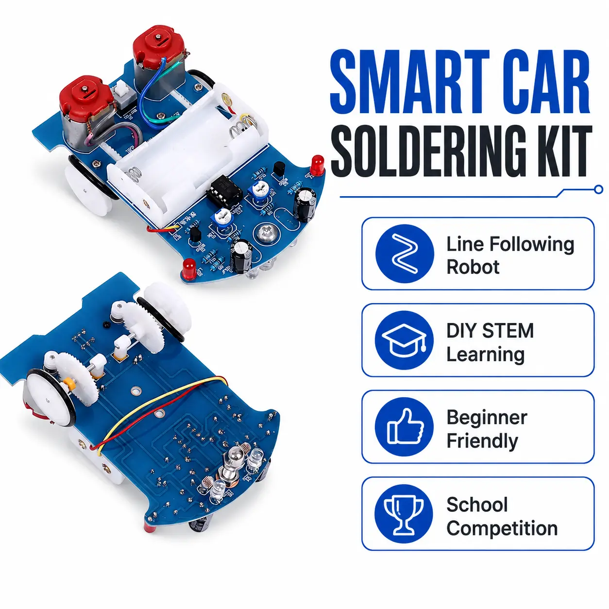 STEM Smart Car Soldering Practice DIY Kit with PCB Board, Beginner-Friendly Robotics Line Tracking Project, Circuit Assembly Learning Tool for School Hands-On Activities