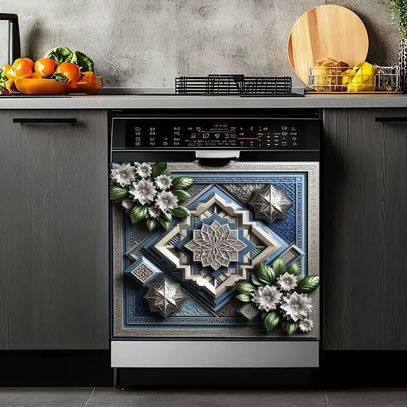2D Flat 2Pcs Mandala Dishwasher Cover Decals Waterproof Islamic Geometric Pattern Blue White Flower Decorative Stickers for Kitchen Appliances Refrigerator Cabinet Laundry Room Decor Removable Self-Adhesive Washable Top Mat