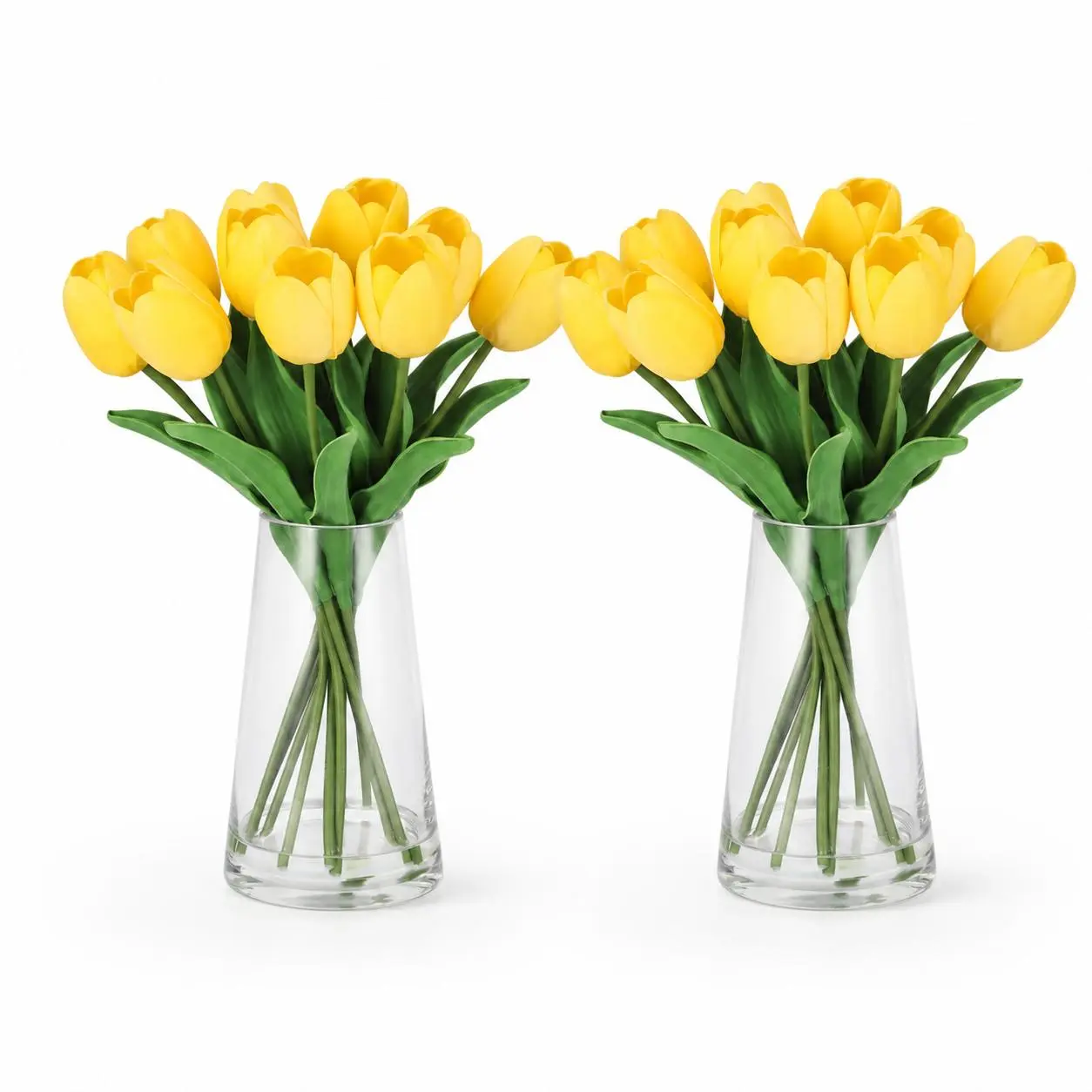 Yellow Real Touch Artificial Tulips 10 Stems with Glass Vase Faux Water 2 Piece Set Lifelike Silk Arrangement for Home Decor Wedding Centerpiece