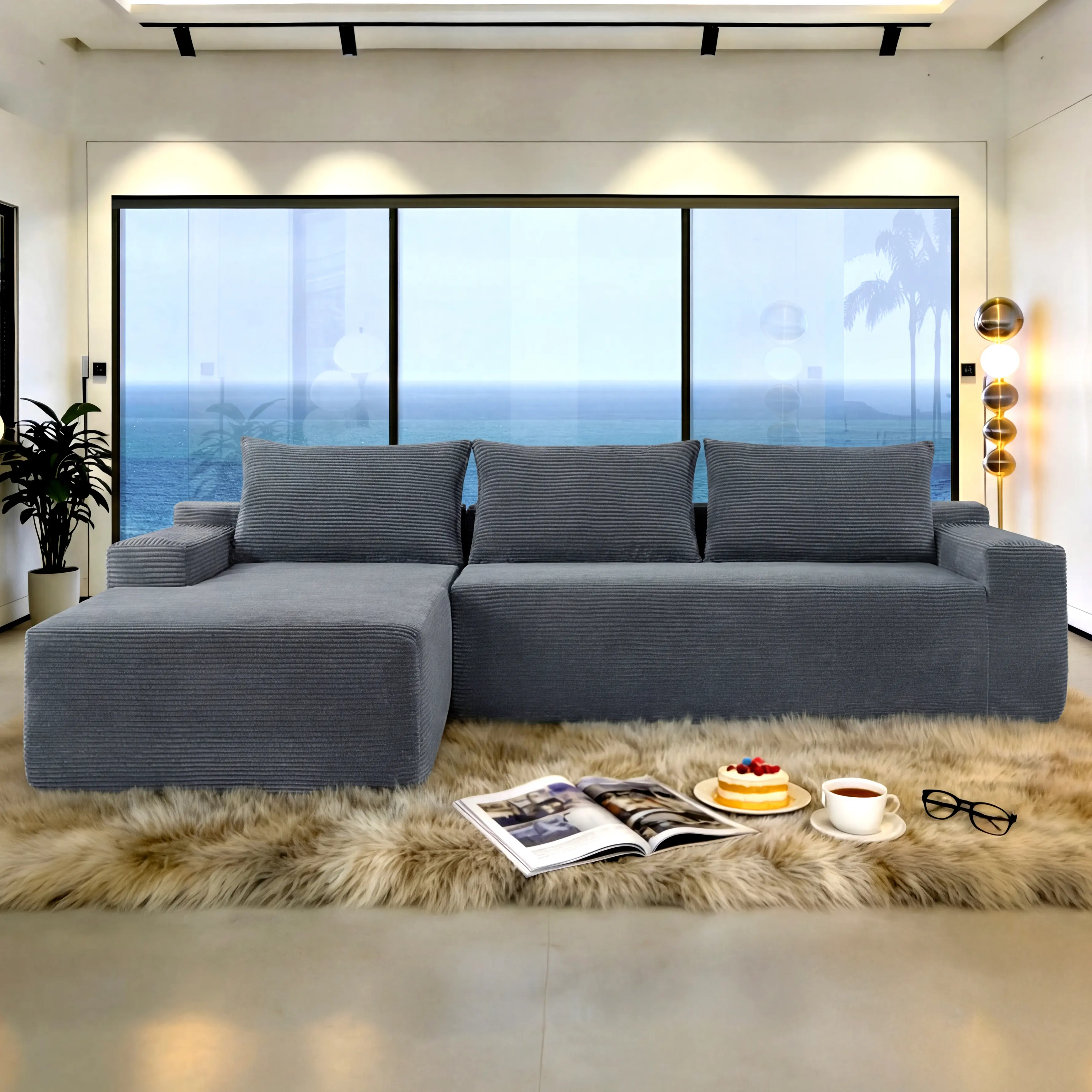 ARCH 96.9" Cloud Sectional Couch U-Shaped Chaise Sofa with Deep Seat, Modern Modular Corduroy Fabric Upholstered Sofa for Living Room Bedroom, No Assembly Required, Blue-Grey Left Facing, 3-Seat, Blue+Grey Color Options, Fabric Material