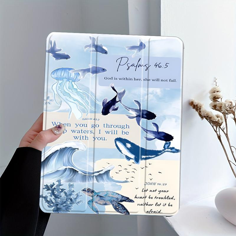 Psalm 46:5, 43:2, John 14:27 (Bible verses)  Marine life design, with adjustable stand and pen slot, foldable anti-slip TPU protective case, suitable for Samsung, iPad mini, iPad Air, iPad Pro/iPad 10th generation, 11th generation, and other iPad series