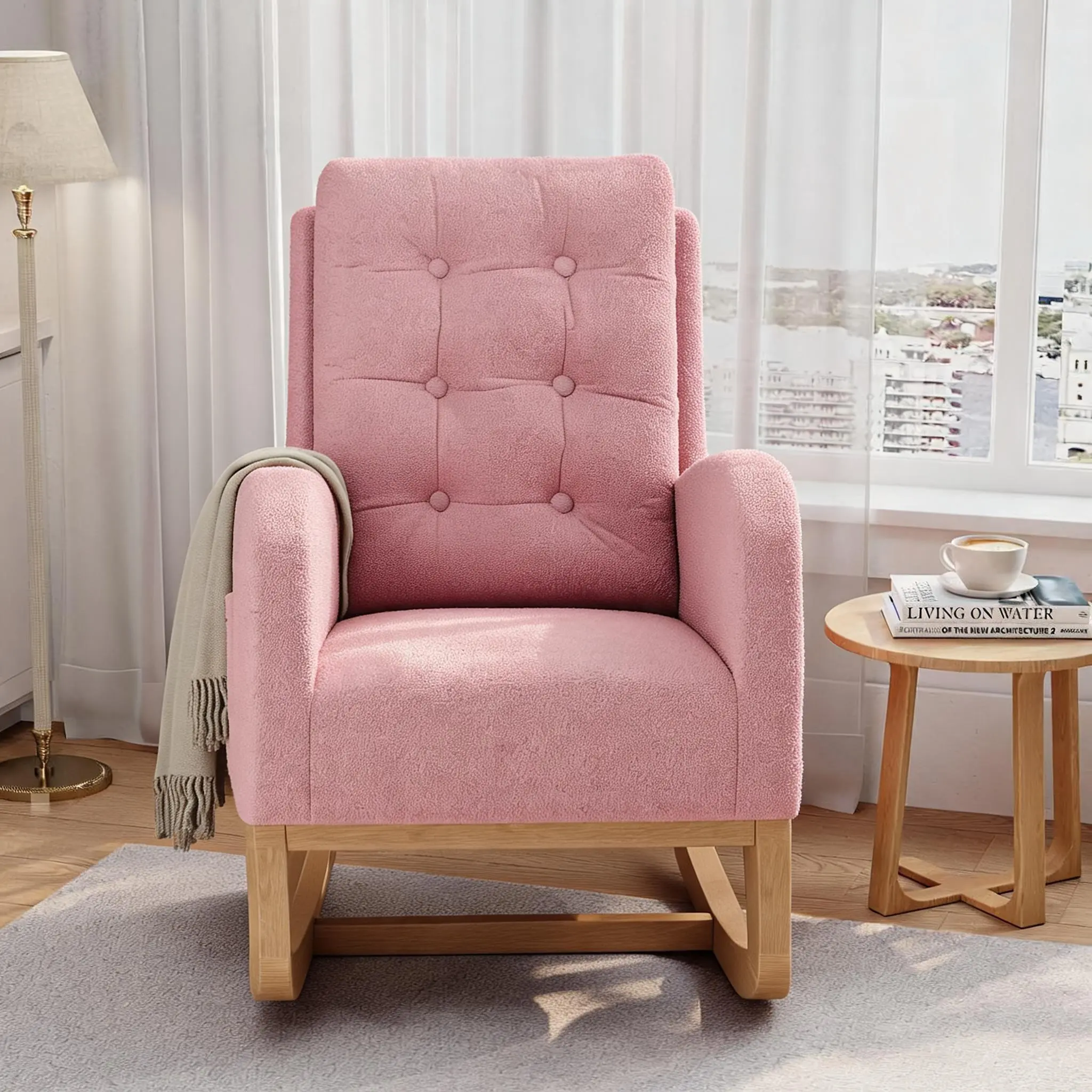 Nursery Glider Rocking Chair with Adjustable Footrest, High Back PU Leather/Soft Fleece Upholstery, Side Pocket, Solid Wood Legs Accent Recliner for Nursery/Living Room/Bedroom - Orange/Light Green