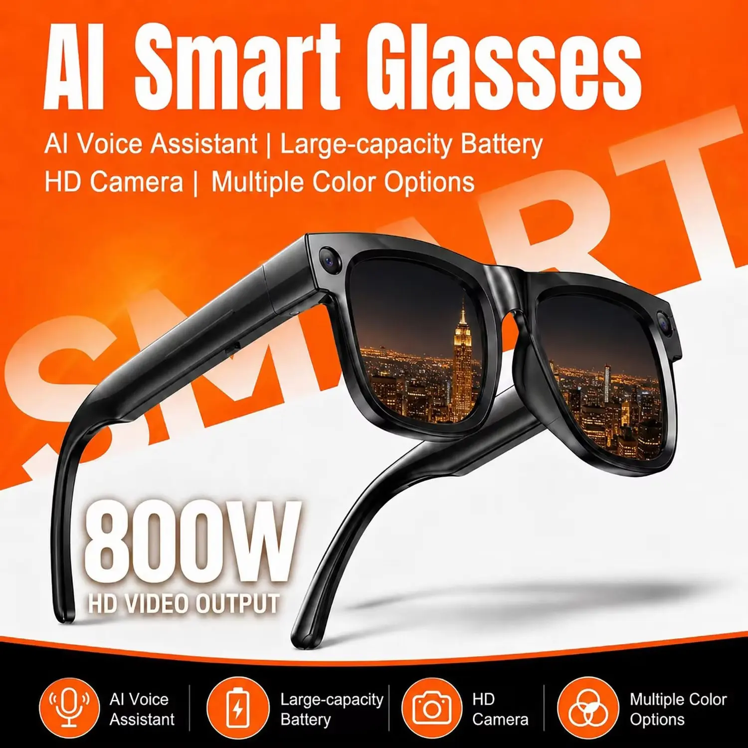 New Smart Glasses with Sony 800W Camera IPX4 Waterproof Bluetooth5.3 Music Player Magnetic Charging Sunglasses for Men Women