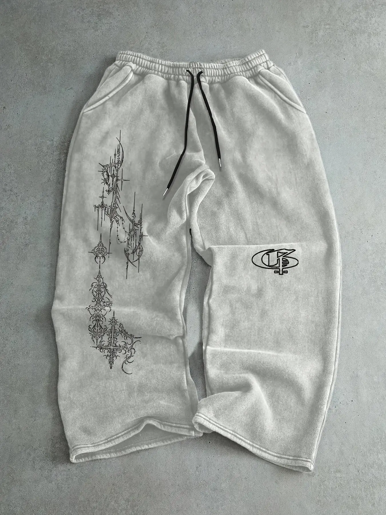 Men's Black Printed Jogger Sweatpants, Dark Gothic White Abstract Line Print, Elastic Waist with Drawstring, Loose Tapered Fit, Ribbed Cuffs, Side Pockets, Soft Washed Lined Street Sweatpants, Ideal for Skateboarding, Concert Outfits, Street Shots, Campus