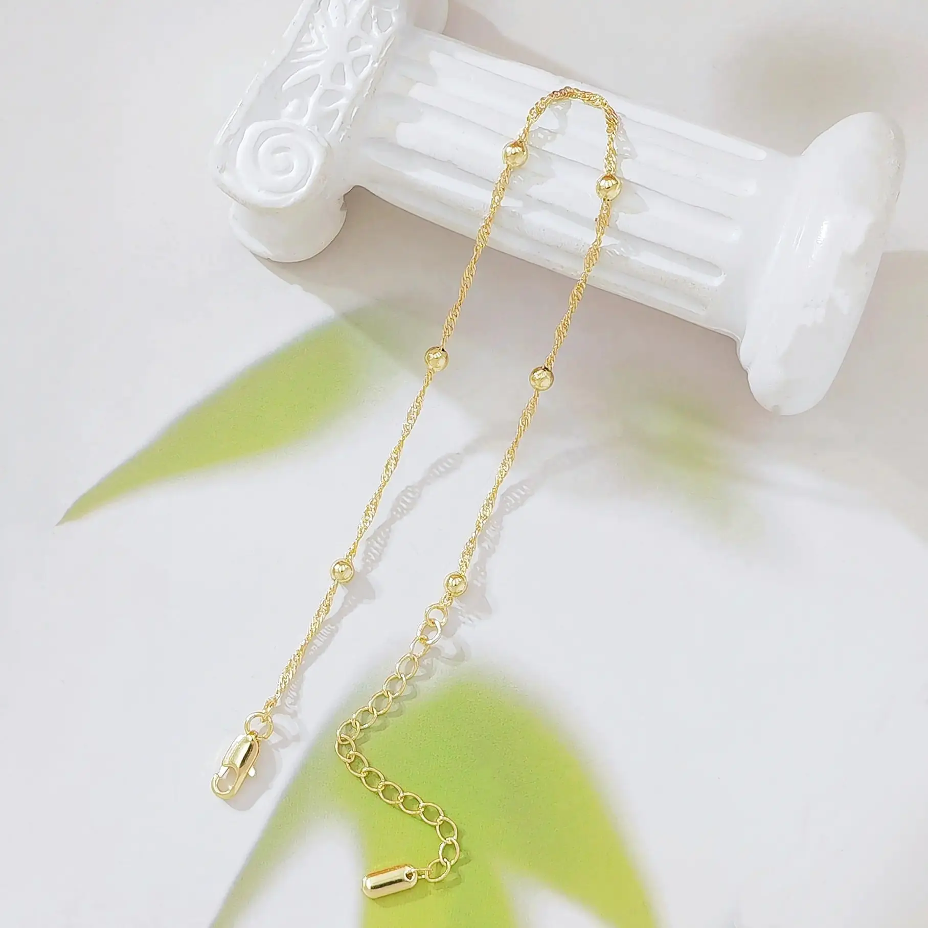 14K Gold Filled Twist Chain Ankle Bracelet for Women, Dainty Beaded Satellite Anklet with Adjustable Extension Chain, Minimalist Summer Beach Foot Jewelry Gift