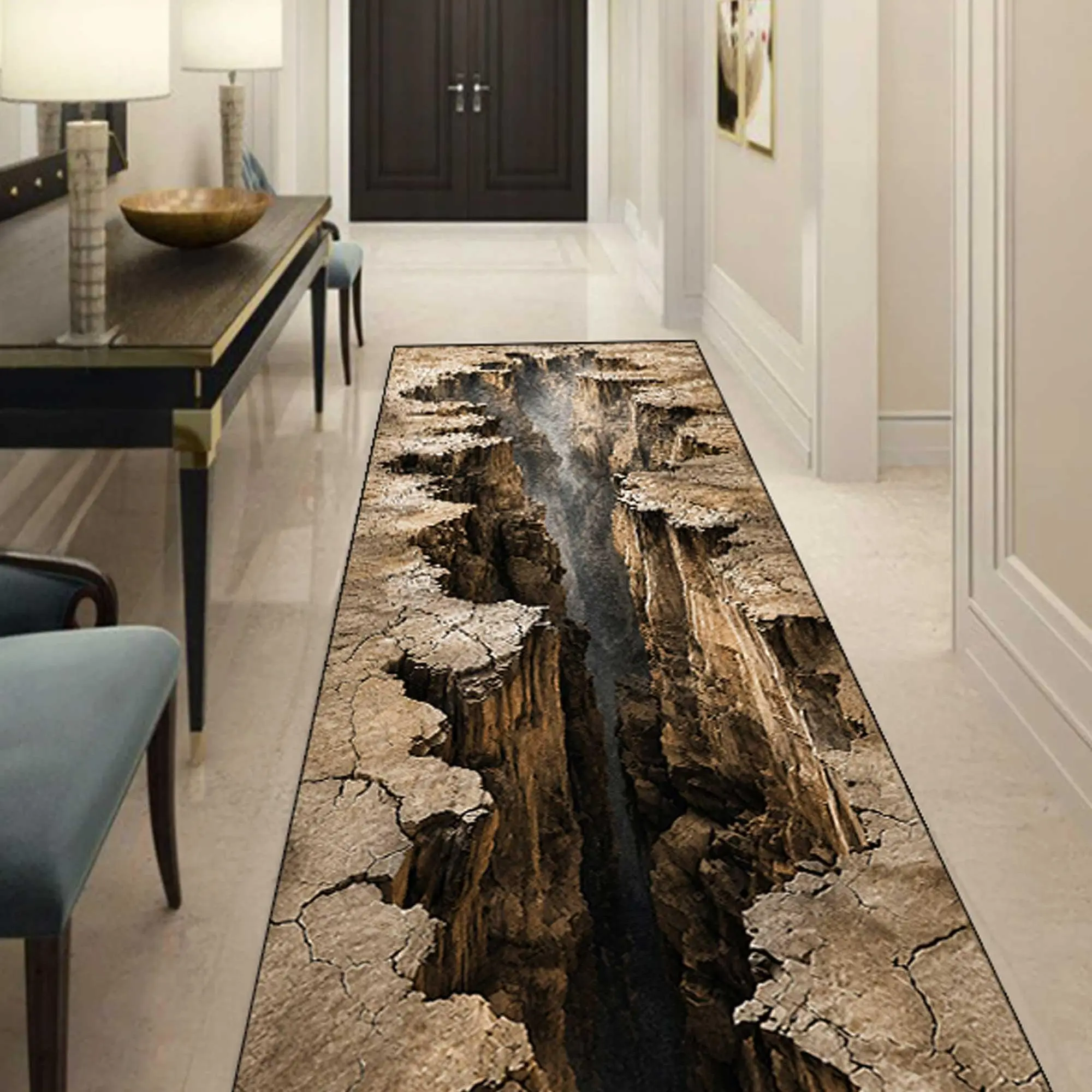 3D Optical Illusion Crack Canyon Runner Rug, Decorative Rug, Cracked Earth Print Non-Slip Long Floor Mat, Home Decor for Hallway Corridor Entryway Kitchen