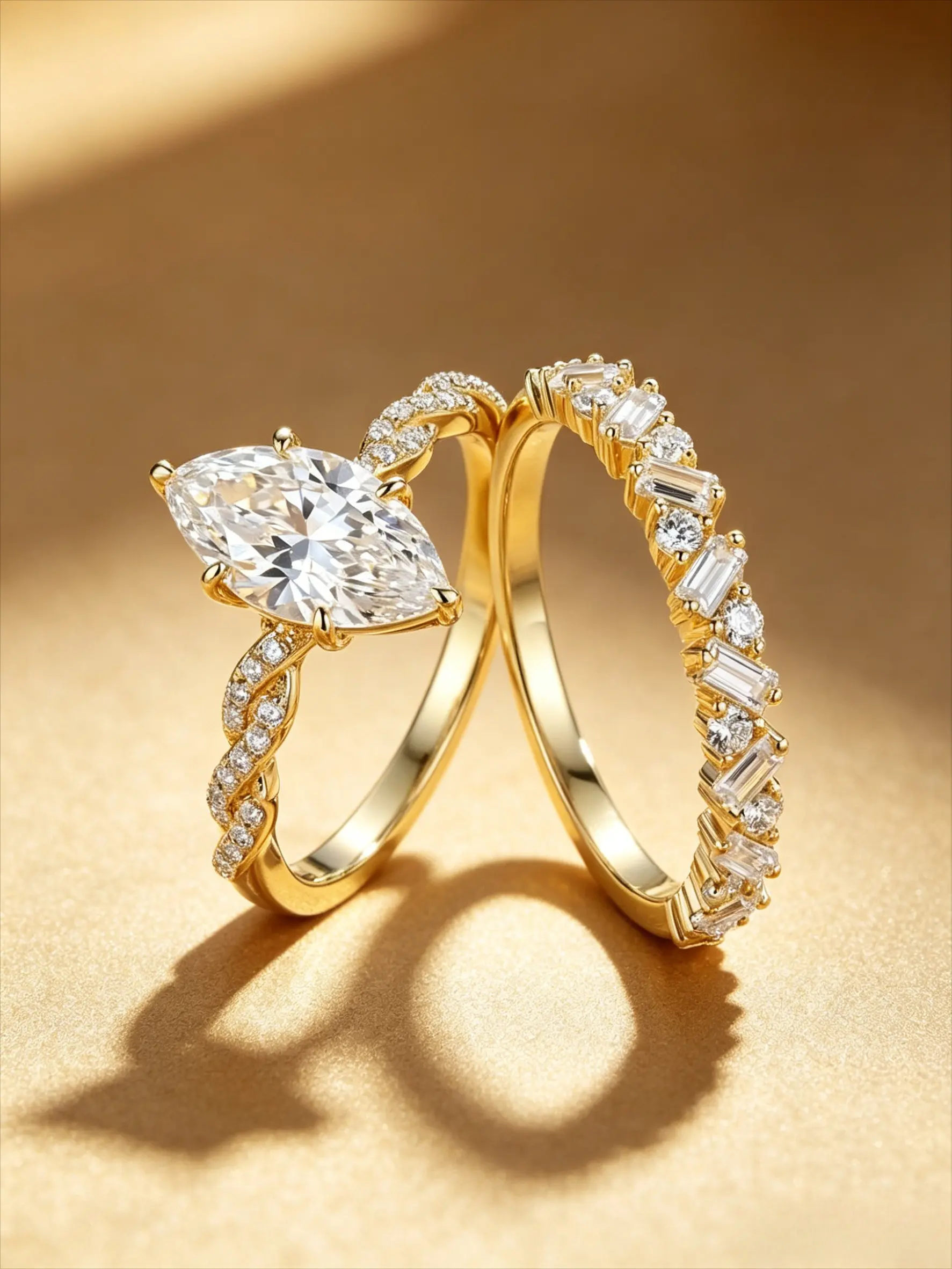 Eco-Friendly Copper Gold-Plated Ice Flower Cut Marquise Imitation Diamond Ring Set, 2Pcs Twisted Band Engagement Ring & Baguette Round Pavé Band, Luxury Bridal Set Rings, Anniversary Gift For Women (With Gift Box)
