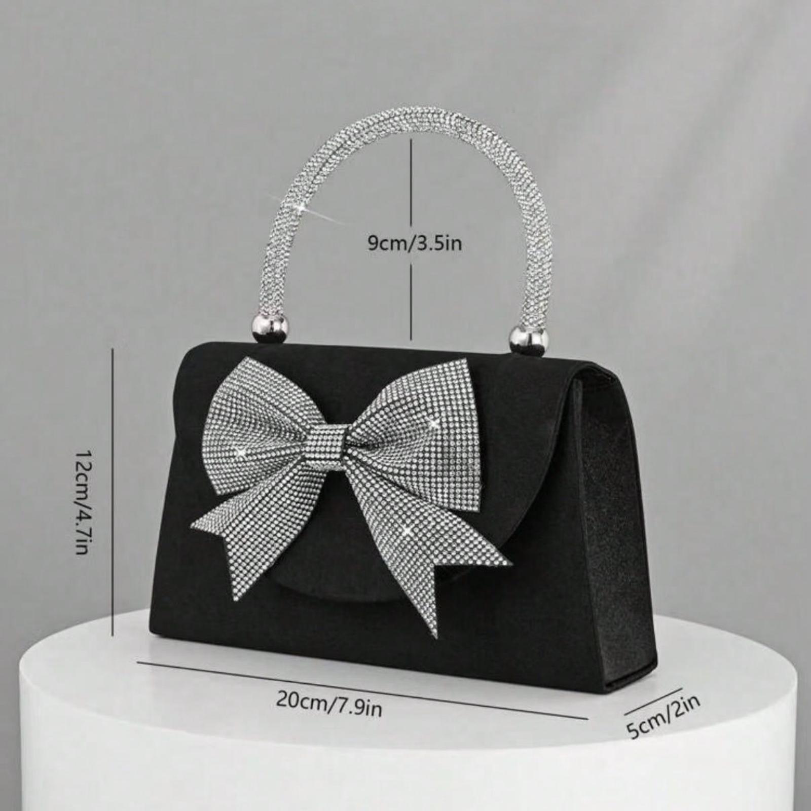 Women's European American Fashion Black Satin Flap Clutch Evening Bag, Sparkling Elegant Bowknot Rhinestone Decor Party Handbag, Luxury Satin Formal Dress Crossbody Bag, Chain Shoulder Bag Suitable For Banquet, Party, Birthday, Wedding