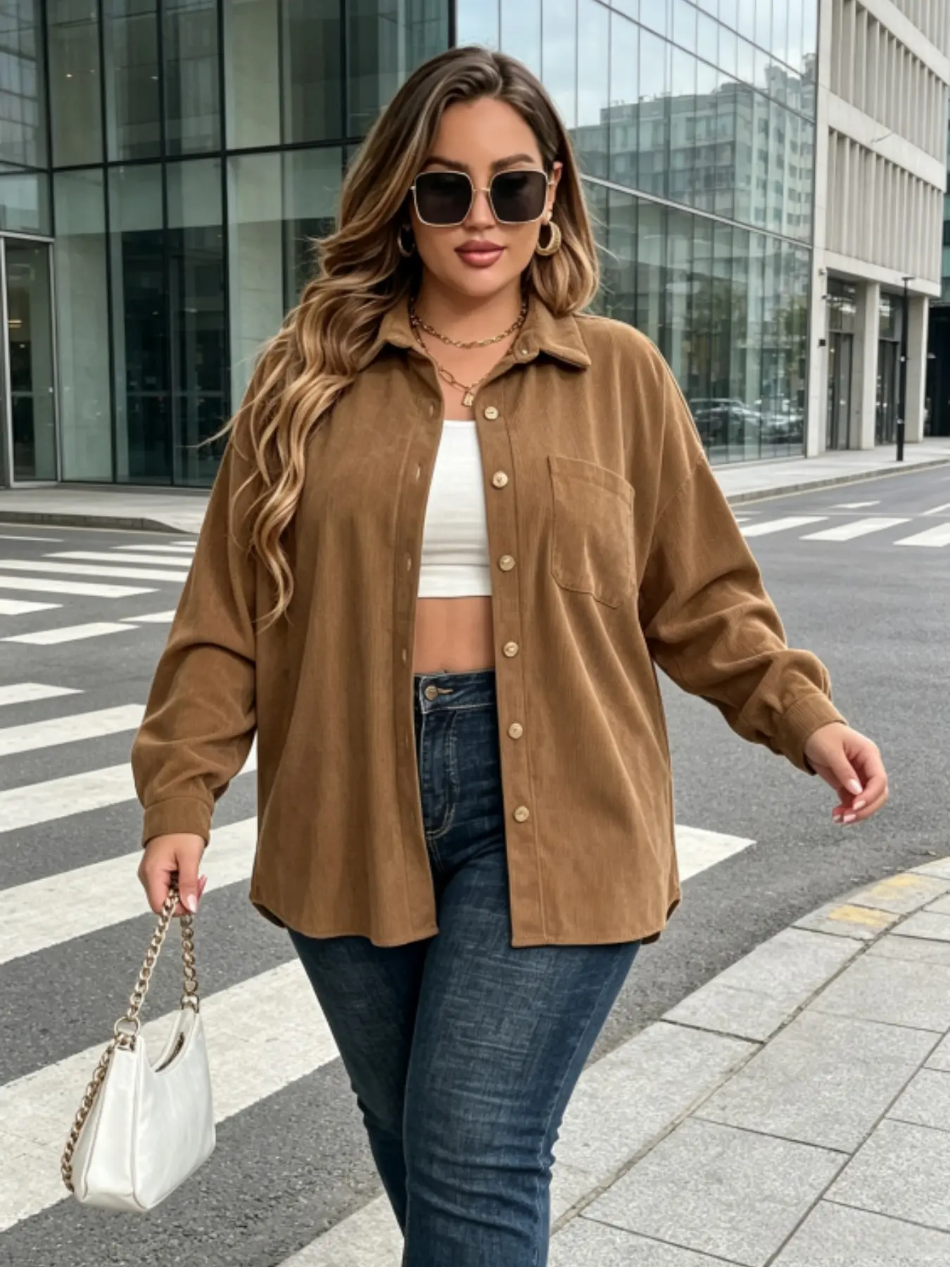 Plus Size Women's Spring & Fall Casual Commuter Plain Lapel Corduroy Button Long Sleeve Coat Jackets, Loose-Fitting Outerwear for Autumn & Winter