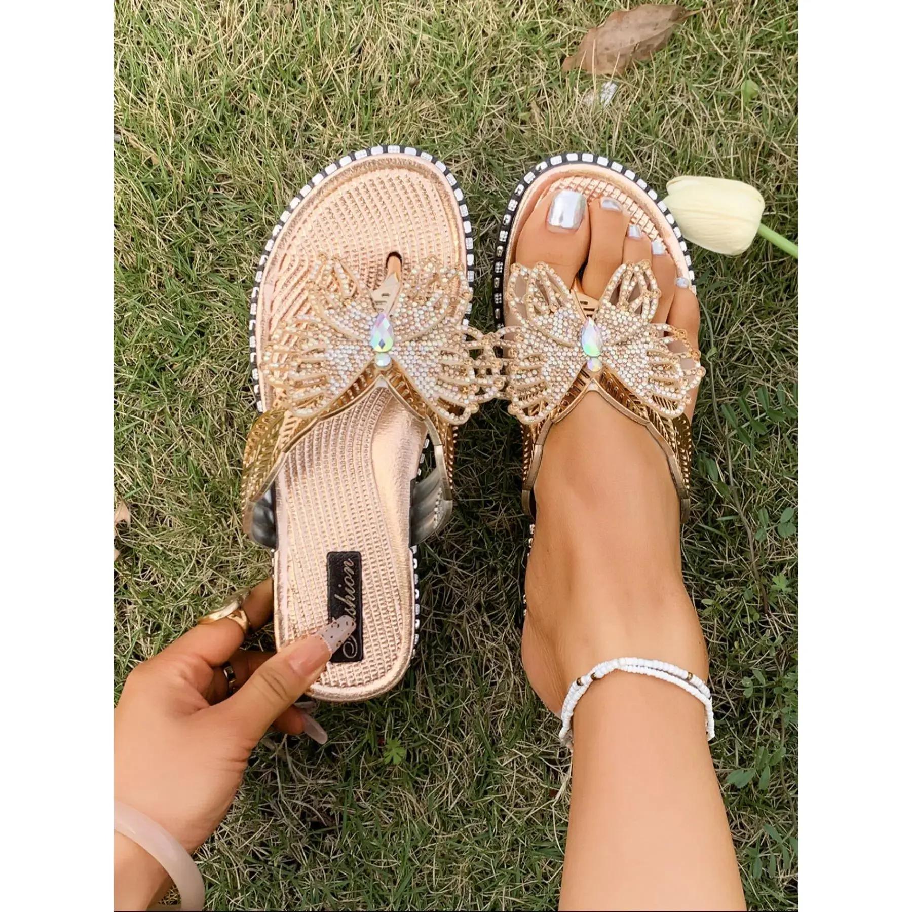 Luxury Rhinestone Butterfly Flip-Flops, Summer Beach Wedge Sandals for Women, Sparkly Thong Slides for Vacation, Casual Outdoor Platform Slippers  777