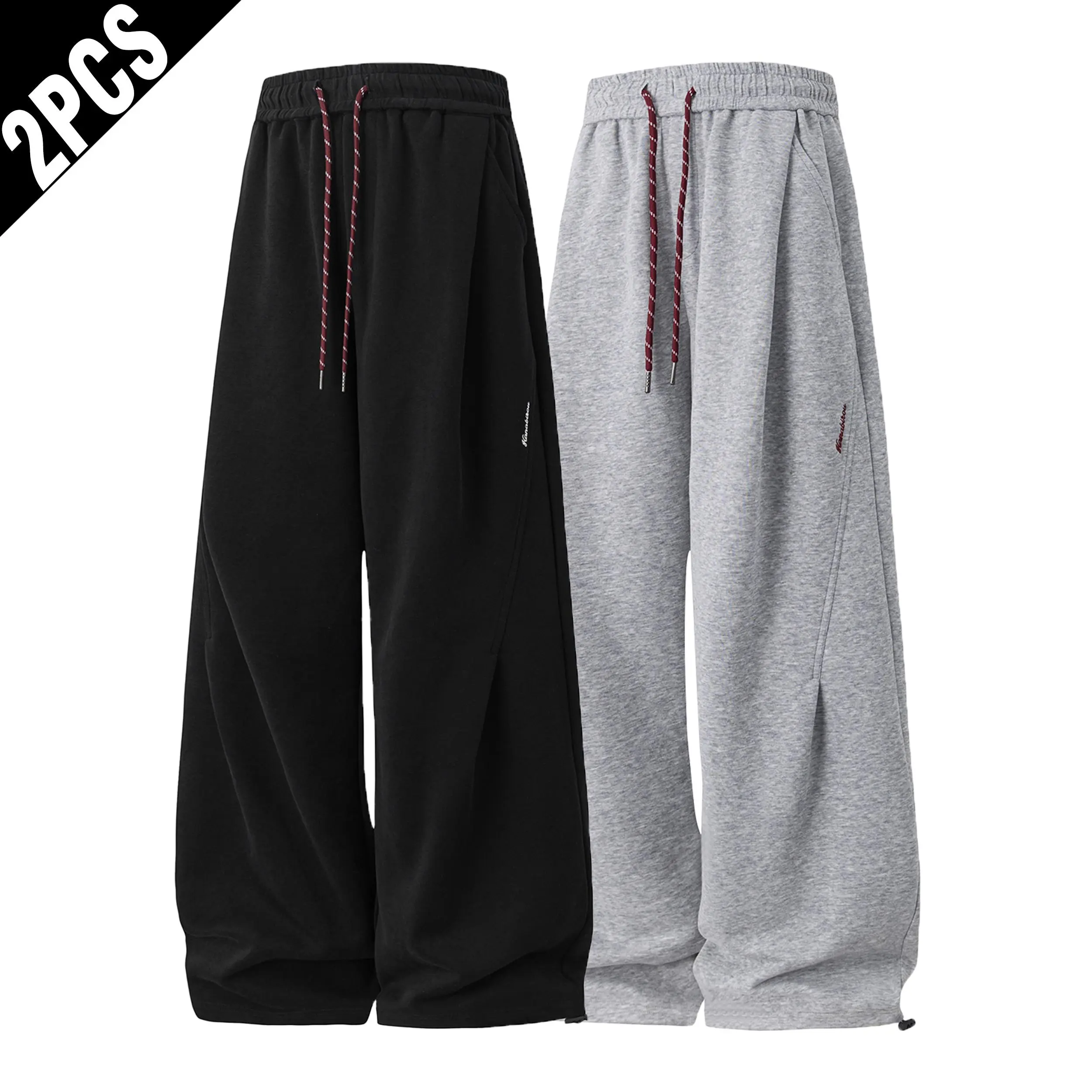 Men's 2-Pack Contrast Red Drawstring Wide Leg Fleece Sweatpants, Adjustable Cuff Loose-Fit Baggy Hip Hop Streetwear Casual Track Trousers, Casual Wear, Machine Wash Sport Pants, Baggy Sweatpants