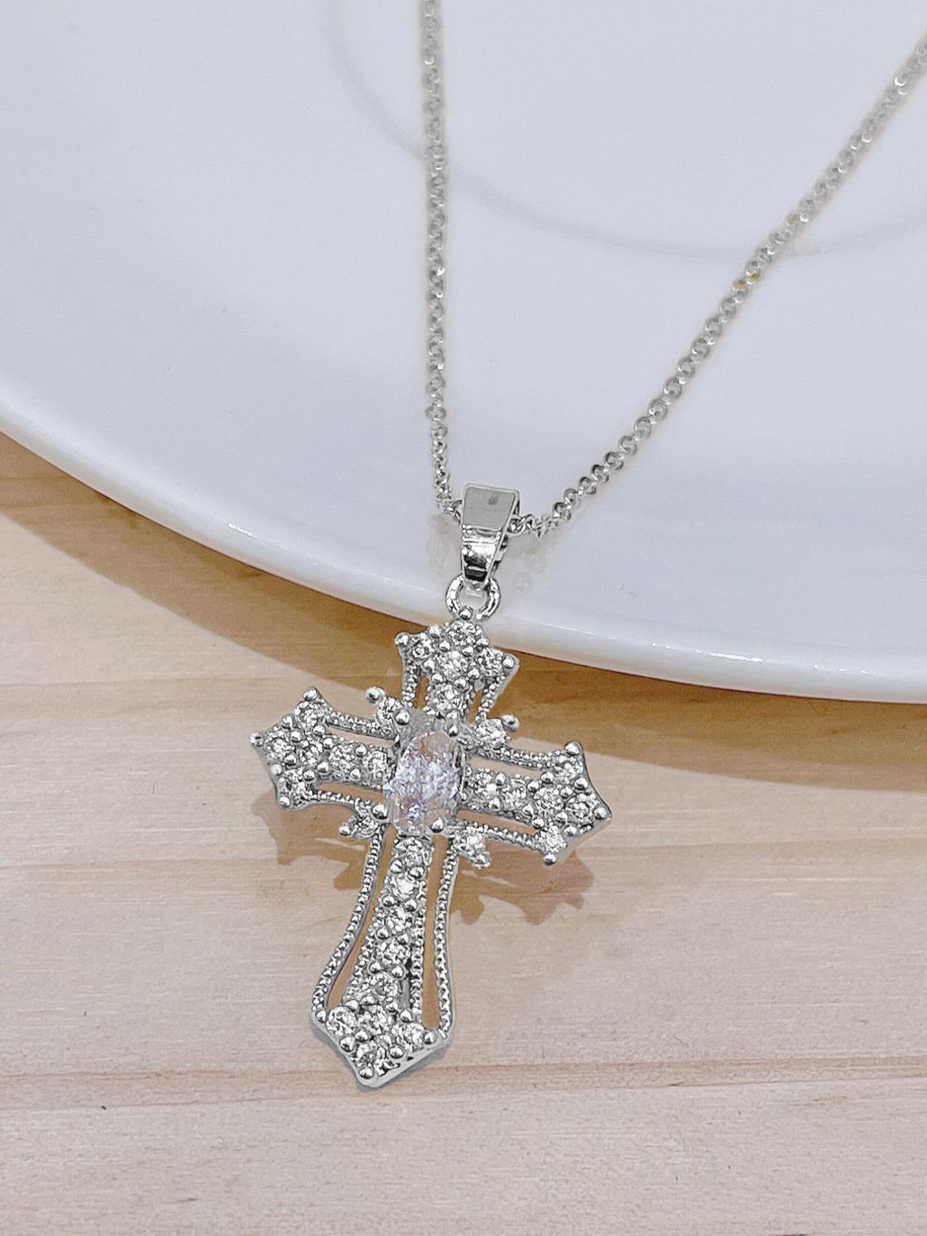 Rhinestone Cross Pendant Necklace For Women For Gift, Coptic Cross Necklace, Clavicle Chain Necklace, Fashion All-match Accessory