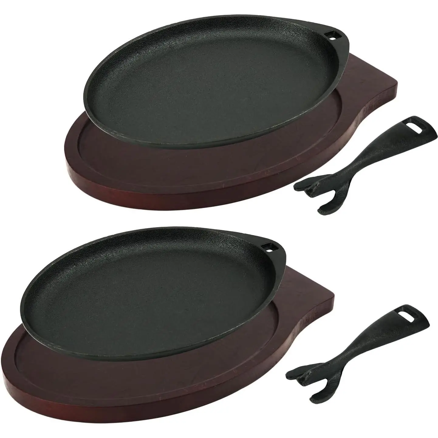 2 Cast Iron Skillet Set, Sizzling Plate With Wooden Base, Fajita Skillet With Removable Handle For Home Barbeque Kitchen Service