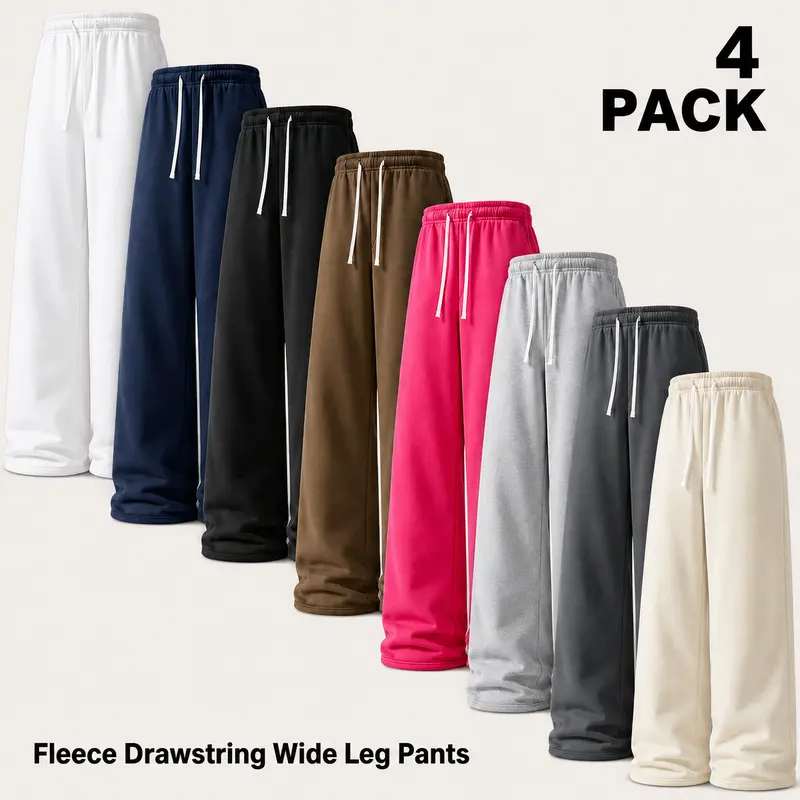 4-Pack Mixed Assorted Colors Men's Wide Leg Sweatpants Set, Loose Fit Full Length Drawstring Elastic Waist Casual Lounge Pants with Side Pockets, Sizes XXS-XXXXL for Weekend Essentials