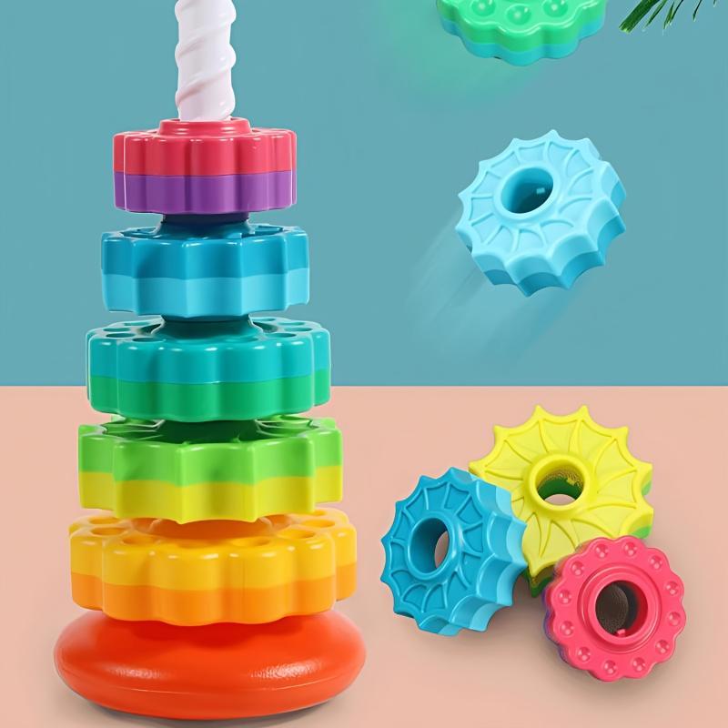 Rainbow Rotating Tower Toy, Colorful Wooden Stacking Toy Sensory Toys Shape Sorter Jenga Game for Kids, Stacked Puzzle Baby Toys, Rainbow Tower Blocks Toy for Kids